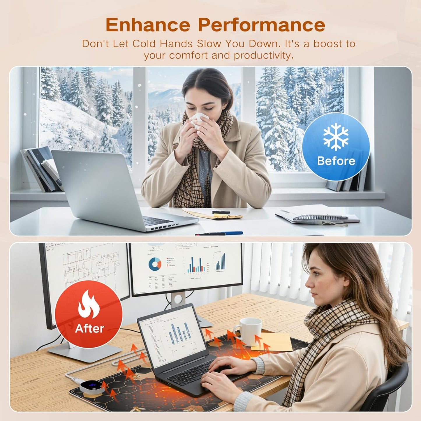 Heated Mouse Pad, XL Big Desk Pad with 4 Heating Levels & 4 Auto Shut-Off Levels for Computer Keyboard, 31.5" X 13" Large Safe Desk Mat Hand Warmer for Home Office Work (Honeycomb)