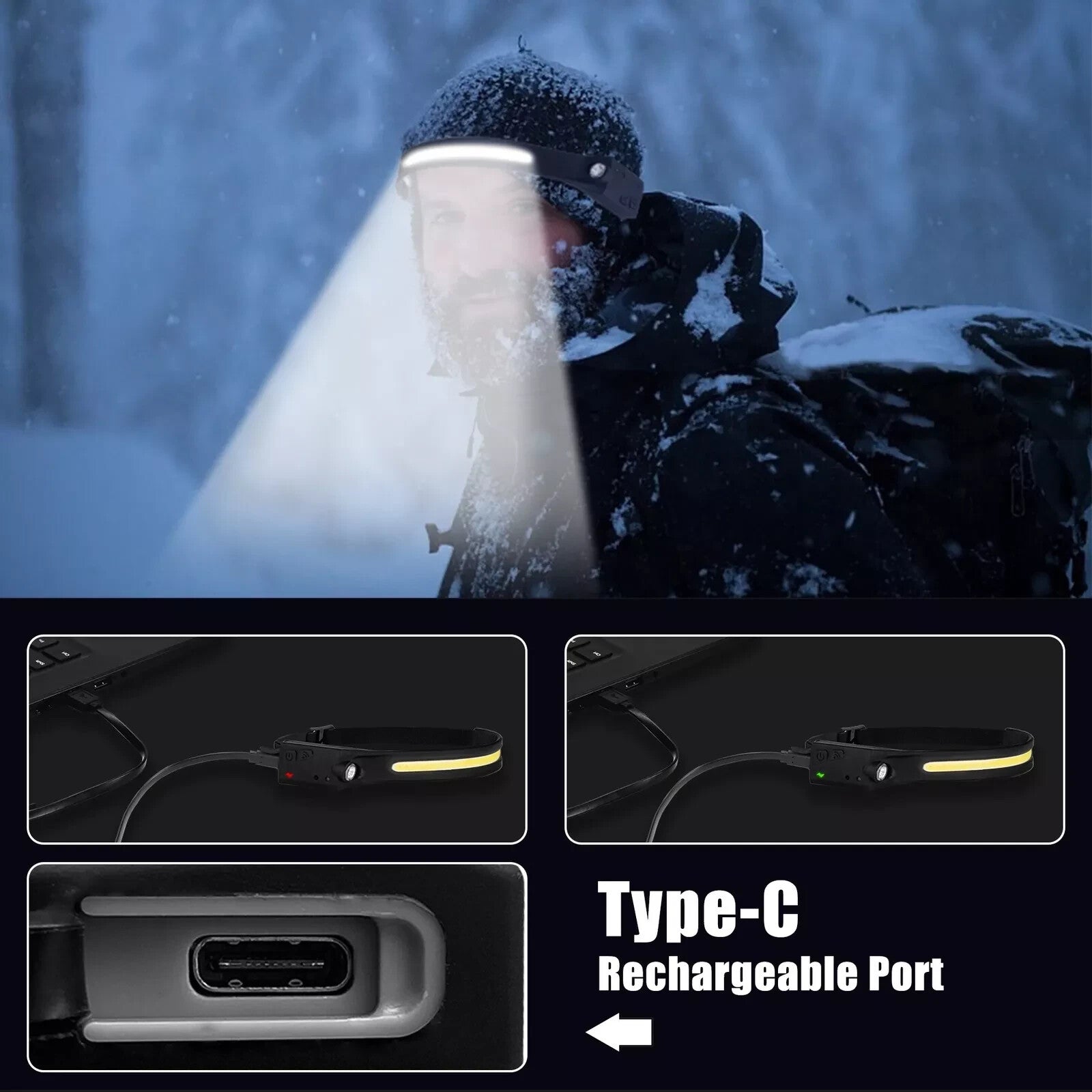COB LED Headlamp USB Rechargeable Headlight Torch Work Light Bar Head Band Lamp