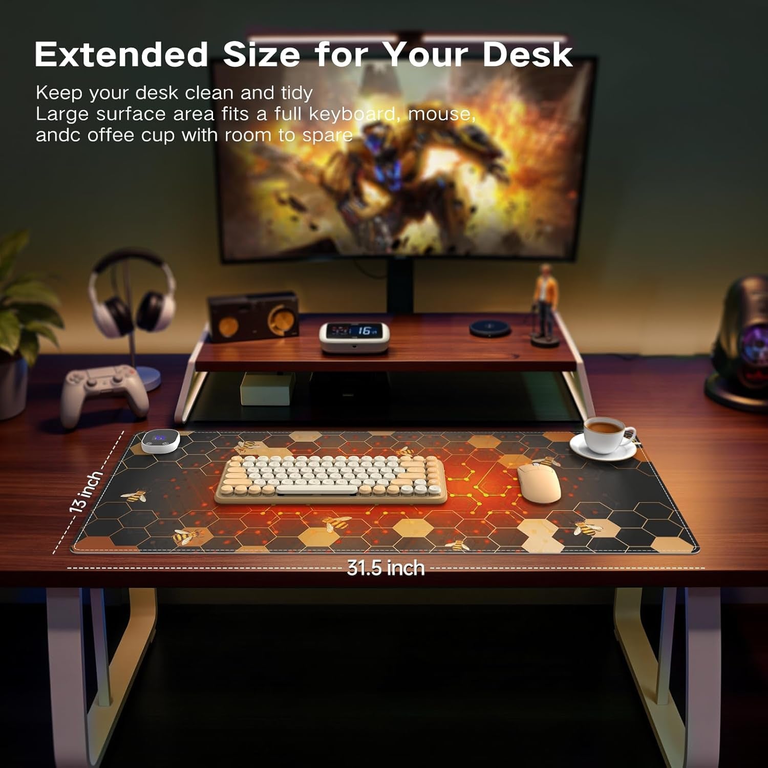 Heated Mouse Pad, XL Big Desk Pad with 4 Heating Levels & 4 Auto Shut-Off Levels for Computer Keyboard, 31.5" X 13" Large Safe Desk Mat Hand Warmer for Home Office Work (Honeycomb)
