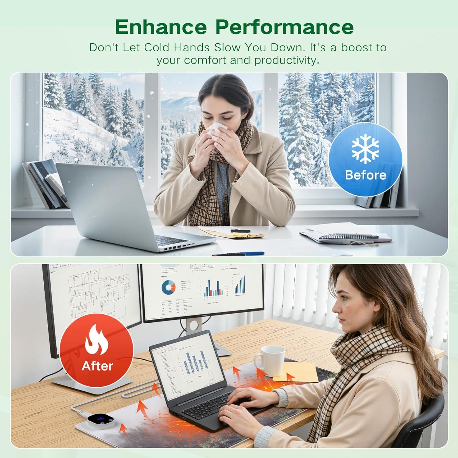 Heated Mouse Pad, XL Big Desk Pad with 4 Heating Levels & 4 Auto Shut-Off Levels for Computer Keyboard, 31.5" X 13" Large Safe Desk Mat Hand Warmer for Home Office Work (Forest)