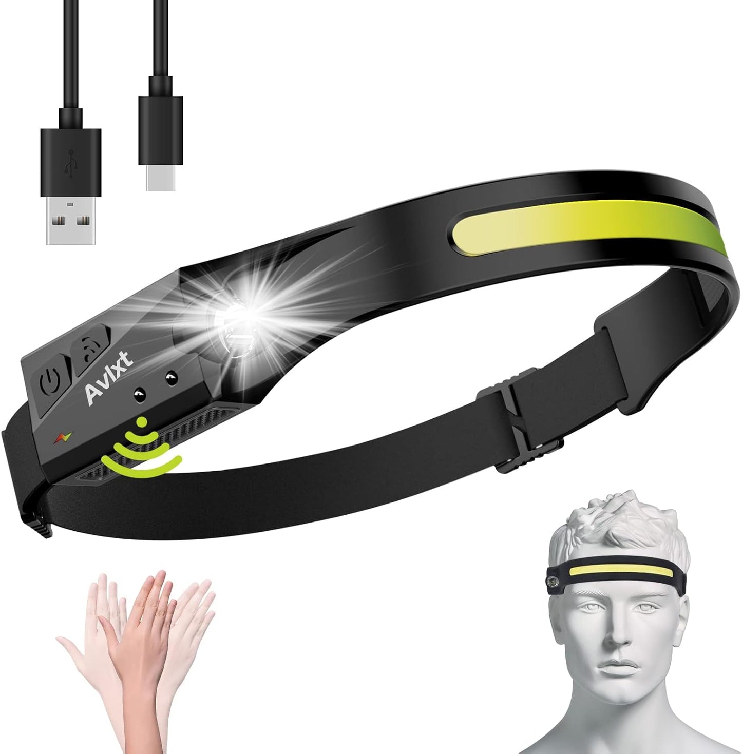 LED Headlamp Rechargeable Flashlight, 230° Wide Beam Headlight, Head Lamp with Motion Sensor Bright 5 Modes, Lightweight Outdoor Waterproof Head Light for Camping, Running, Hiking, Fishing