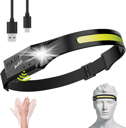 LED Headlamp Rechargeable Flashlight, 230° Wide Beam Headlight, Head Lamp with Motion Sensor Bright 5 Modes, Lightweight Outdoor Waterproof Head Light for Camping, Running, Hiking, Fishing