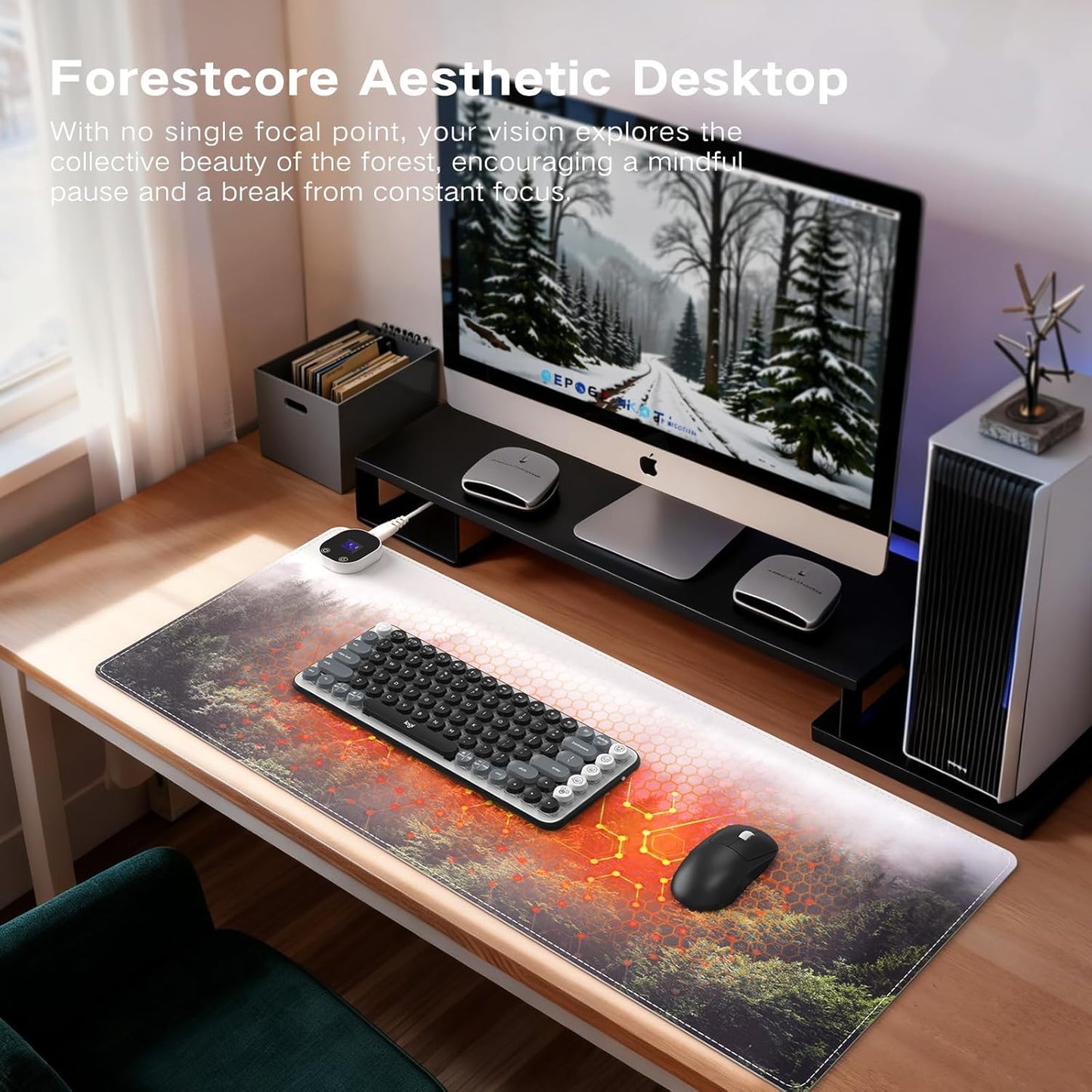 Heated Mouse Pad, XL Big Desk Pad with 4 Heating Levels & 4 Auto Shut-Off Levels for Computer Keyboard, 31.5" X 13" Large Safe Desk Mat Hand Warmer for Home Office Work (Forest)