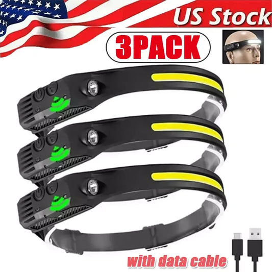 COB LED Headlamp USB Rechargeable Headlight Torch Work Light Bar Head Band Lamp