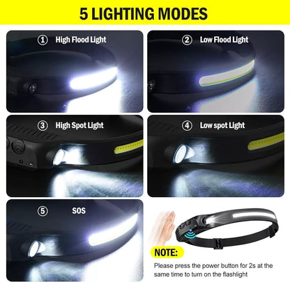 COB LED Headlamp USB Rechargeable Headlight Torch Work Light Bar Head Band Lamp