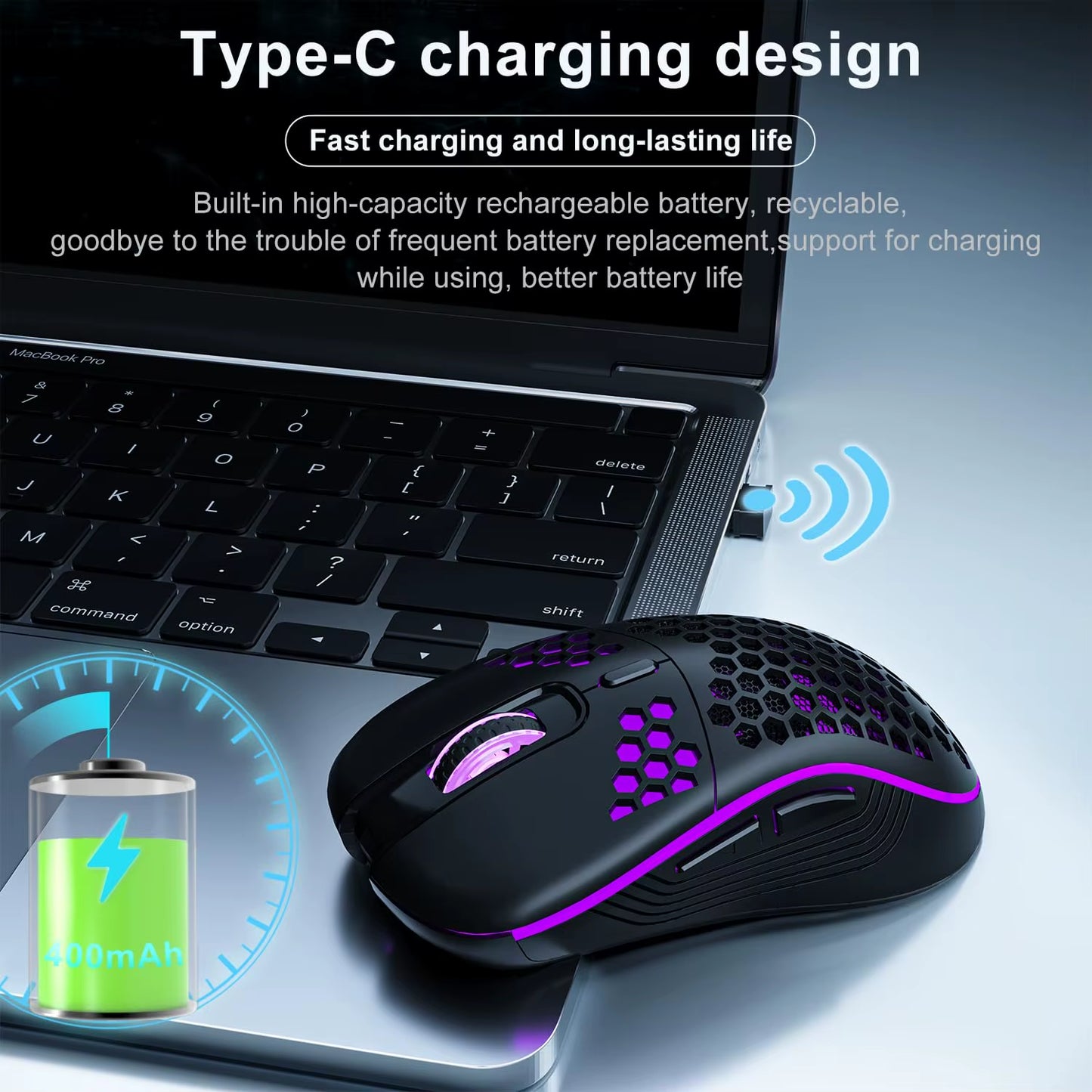 2.4G Wireless Mouse with RGB Backlit 6-Button 3-Speed DPI Type C Rechargeable Ergonomic Honeycomb Design Gaming Mouse