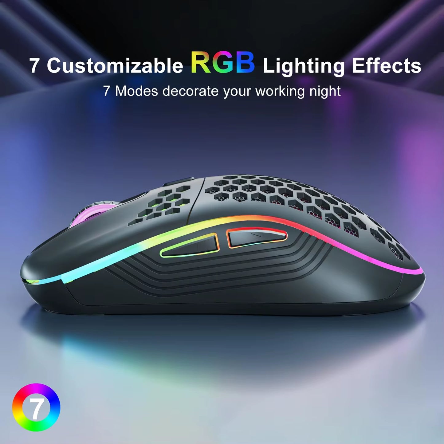 2.4G Wireless Mouse with RGB Backlit 6-Button 3-Speed DPI Type C Rechargeable Ergonomic Honeycomb Design Gaming Mouse