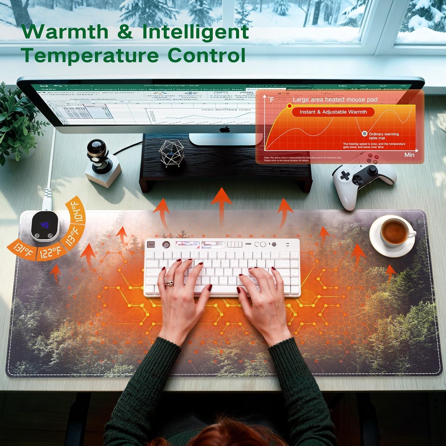 Heated Mouse Pad, XL Big Desk Pad with 4 Heating Levels & 4 Auto Shut-Off Levels for Computer Keyboard, 31.5" X 13" Large Safe Desk Mat Hand Warmer for Home Office Work (Forest)