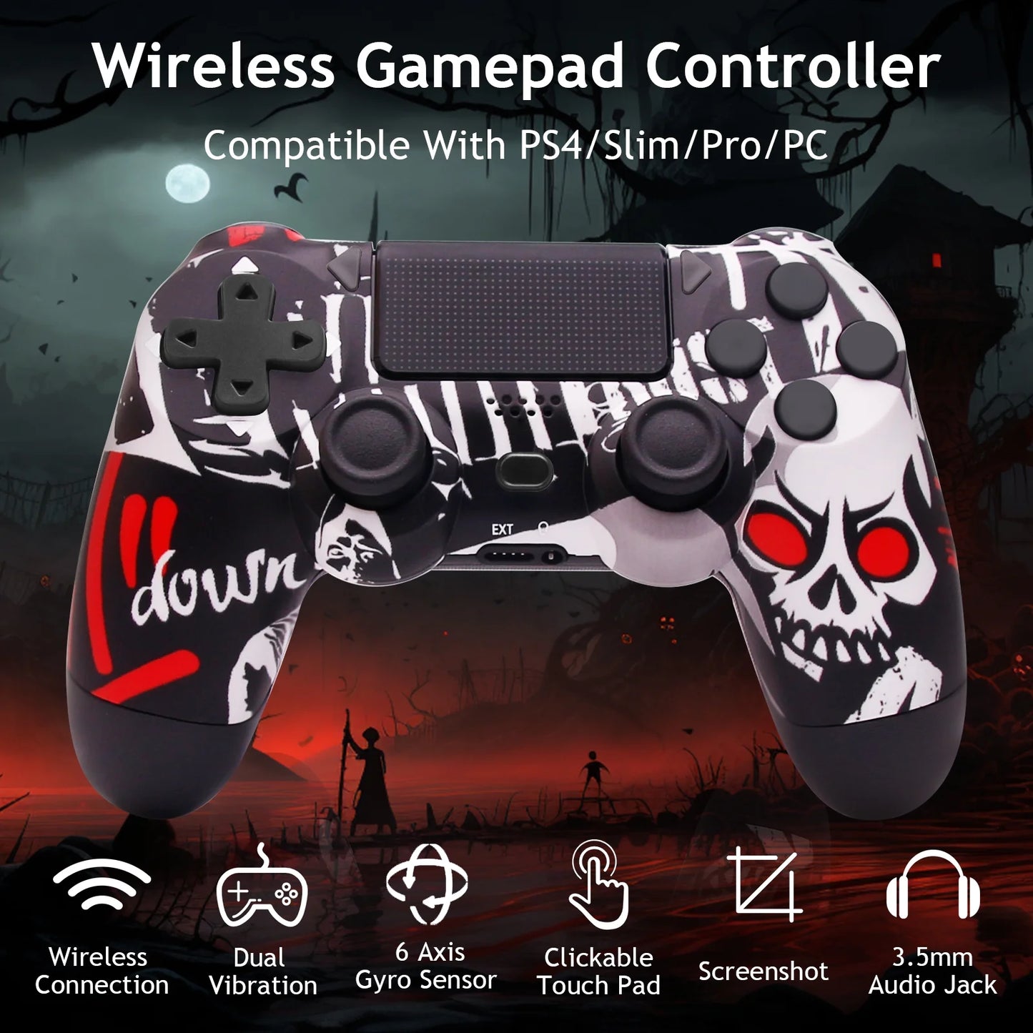 Wireless Controller for P4, Remote Control Compatible with P-4/P-4 Slim/P-4 Pro/Pc （Red Eyes Skull）