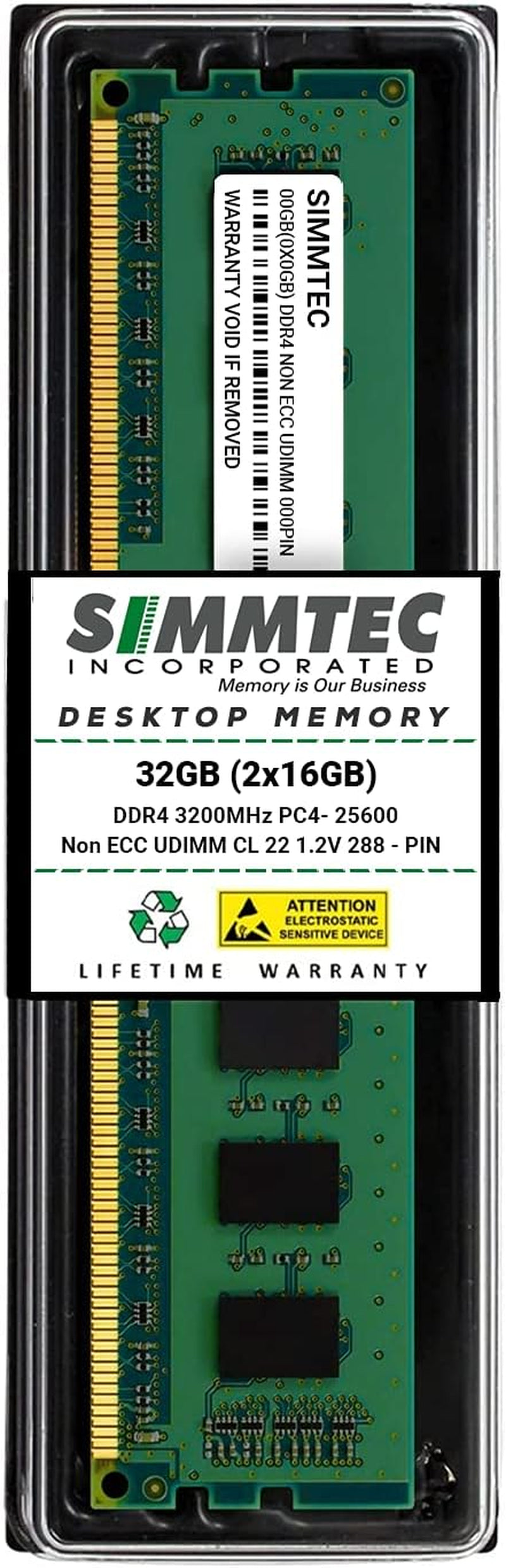 Simmtec RAM 32GB (2X16Gb) DDR4 3200Mhz DIMM PC4-25600 UDIMM Non-Ecc CL22 1.2V 288-Pin Desktop Computer RAM Memory Upgrade Kit