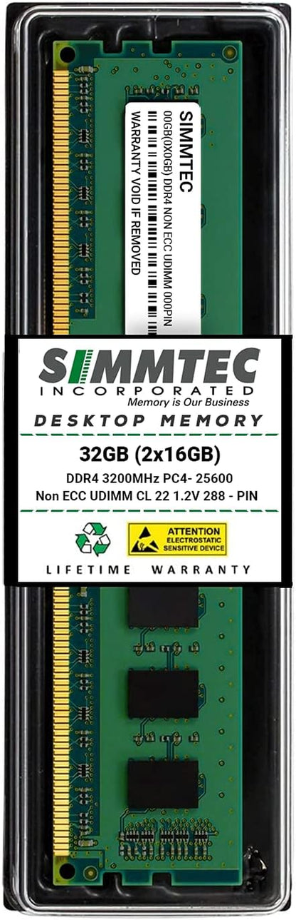 Simmtec RAM 32GB (2X16Gb) DDR4 3200Mhz DIMM PC4-25600 UDIMM Non-Ecc CL22 1.2V 288-Pin Desktop Computer RAM Memory Upgrade Kit
