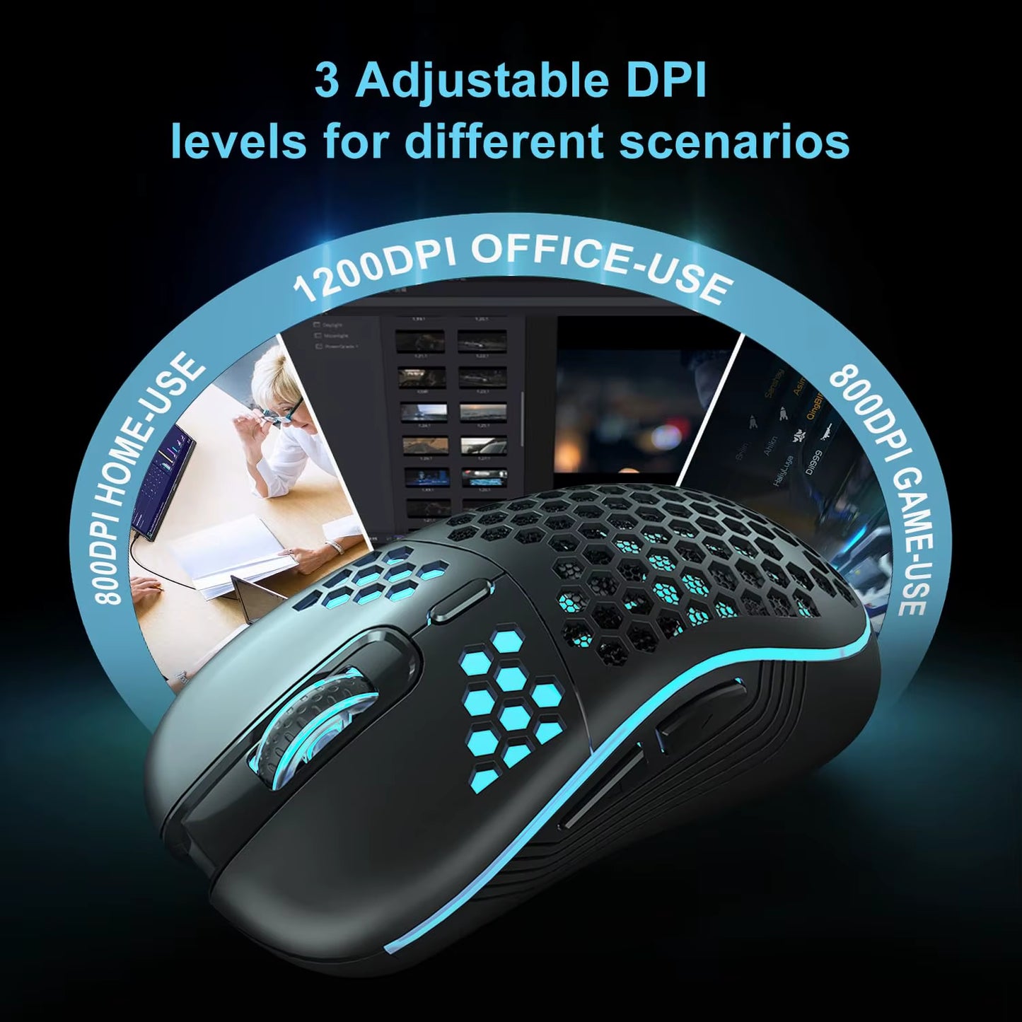 2.4G Wireless Mouse with RGB Backlit 6-Button 3-Speed DPI Type C Rechargeable Ergonomic Honeycomb Design Gaming Mouse
