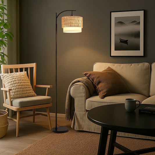 Boho Floor Lamp for Living Room, Rattan Standing Lamp with Double Drum Shade, Dimmable Farmhouse Floor Lamp for Bedroom, 3 Color Temperatures Bulb Included