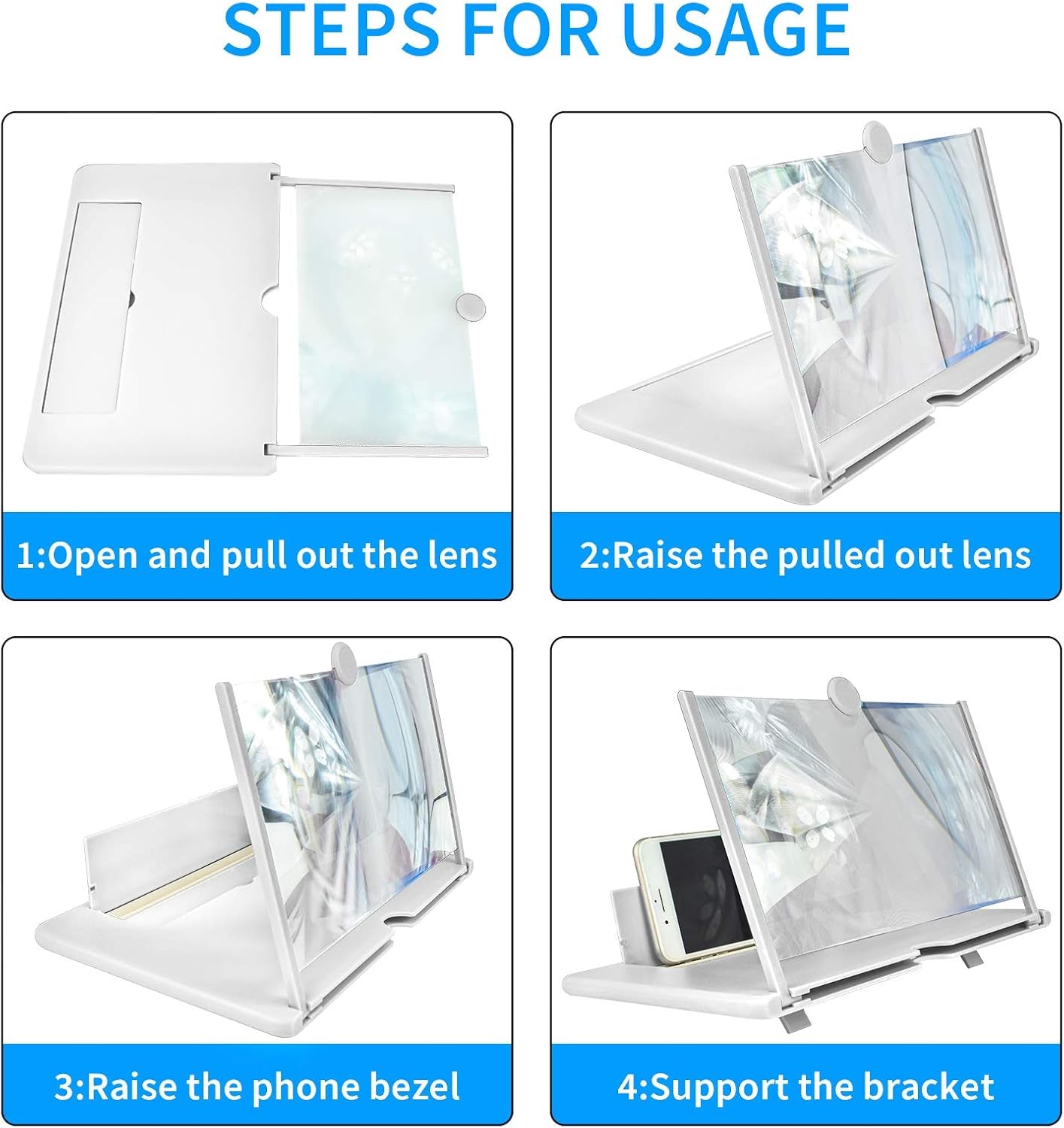 14 Inch Screen Magnifier for Cell Phone 3D Magnifier Screen Enlarger for Movies,Videos,Reading,Gaming-Screen Amplifie with Foldable Phone Stand Holder. Compatible with All Smartphones-White