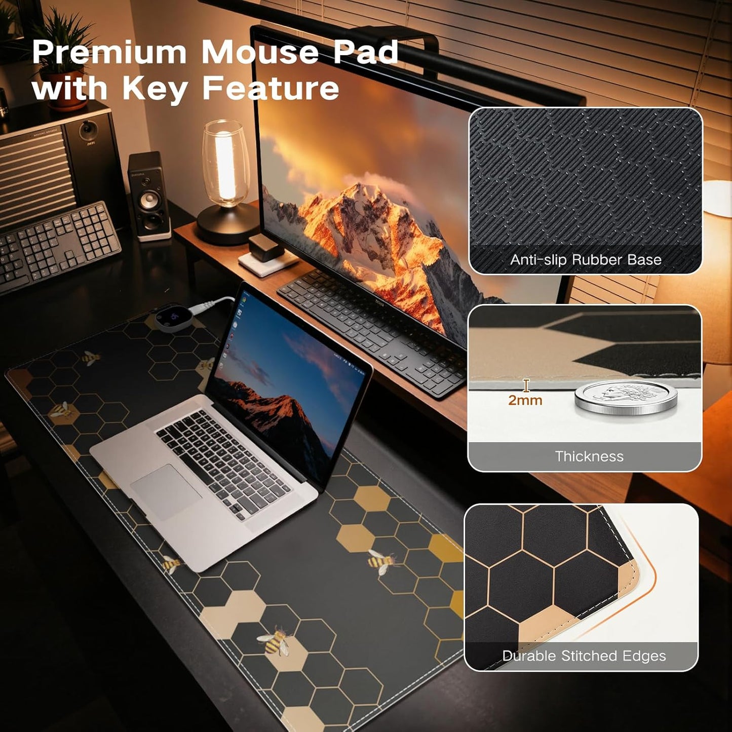 Heated Mouse Pad, XL Big Desk Pad with 4 Heating Levels & 4 Auto Shut-Off Levels for Computer Keyboard, 31.5" X 13" Large Safe Desk Mat Hand Warmer for Home Office Work (Honeycomb)