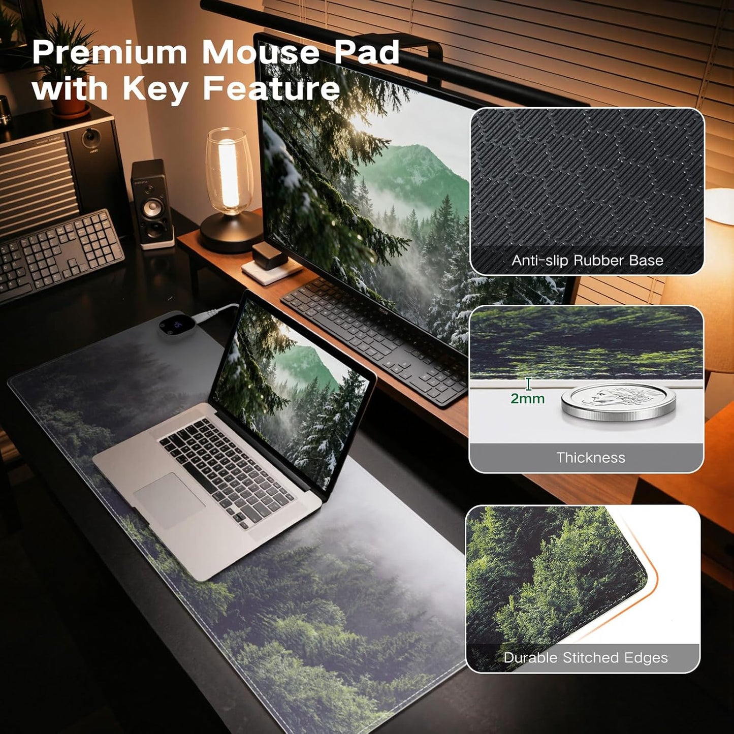 Heated Mouse Pad, XL Big Desk Pad with 4 Heating Levels & 4 Auto Shut-Off Levels for Computer Keyboard, 31.5" X 13" Large Safe Desk Mat Hand Warmer for Home Office Work (Forest)
