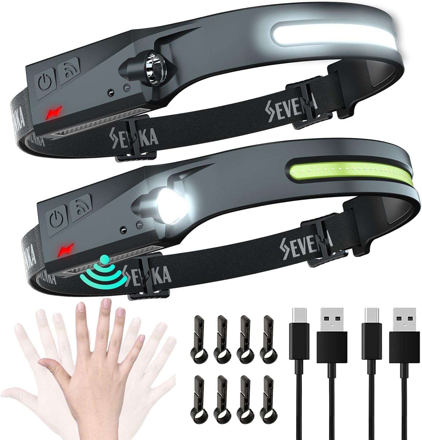 2 Rechargeable Headlamps, Bright LED Headlamp Flashlight, 1000 Lumen 230° Wide Beam&Spot Light, Sensor Mode, 2.4Oz Lightweight Head Lamp with Clips for Hardhat, Camping,Running