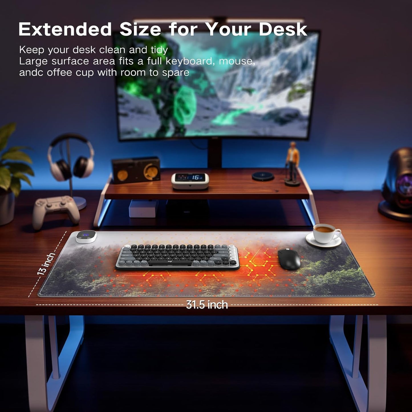 Heated Mouse Pad, XL Big Desk Pad with 4 Heating Levels & 4 Auto Shut-Off Levels for Computer Keyboard, 31.5" X 13" Large Safe Desk Mat Hand Warmer for Home Office Work (Forest)